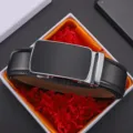 Classic men's black leather belt with automatic buckle presented in a white gift box - Black (Style 3) / 110cm