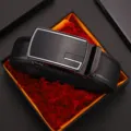Premium men's black leather belt with automatic brushed metal buckle in elegant box - 110cm / Style 1