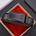 High-grade black men's cowhide leather belt with automatic buckle for business - Black (Style 4) / 110cm