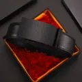 Premium men's black leather belt featuring an automatic textured buckle in a gift box - Style 6