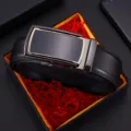 Elegant black men's genuine leather belt with automatic buckle presented in a premium gift box - Style 7