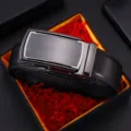 Elegant black genuine leather belt for men with brushed automatic buckle in a gift box - Style 8