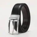 Close-up of classic silver pin buckle on premium black leather men's dress belt - 110cm / Silver