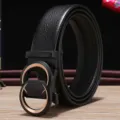Men's black leather belt with automatic buckle and lychee grain texture - 120cm / Gold (Double C Style)