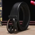 Premium men's black lychee grain leather belt with a sleek black automatic buckle - 120cm / G Gold
