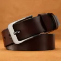 Men's retro dark brown leather belt with a brushed metal pin buckle detail - Brown / 110cm