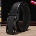 Men's automatic buckle genuine leather belt with lychee grain pattern in matte black. - 120cm / Hollow Black
