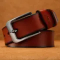 Vintage brown leather belt for men with durable pin buckle and embossed detail. - Earthy Yellow / 120cm