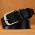 Mens retro black leather belt with silver pin buckle for jeans, durable waist strap. - Black / 110cm