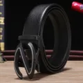 Men's black premium genuine leather belt featuring a sleek automatic Z-shaped metal buckle - 120cm / Z Silver