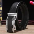 Classic men's black cowhide leather belt with lychee grain and automatic silver buckle - 120cm / Hollow Silver