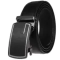Detail of men's black cowhide leather belt with brushed metal automatic buckle. - 120cm / Black Brushed Style Silver Edge