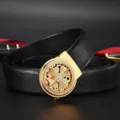 Men's luxury leather belt with golden rhinestone spinning wheel automatic buckle - 110cm / Lucky Rotation Gold (110cm)