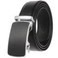 Detail view of men's black leather belt featuring a textured silver automatic buckle - 120cm / Carbon Fiber Texture Silver Edge