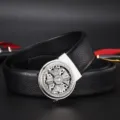 Luxury black textured leather belt for men featuring a rotating silver rhinestone cross buckle - 110cm / Lucky Rotation Silver (110cm)