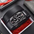 Men's leather belt with rotating wheel automatic buckle in elegant white gift box packaging - 120cm / Gunmetal Rotatable Sports Car