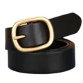 Elegant black genuine leather belt for women featuring a gold-tone rounded needle buckle - 105cm / Black