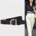 Elegant women's black leather belt with gold-tone D-shaped buckle for jeans. - Width 2.3cm / Black / 95cm