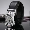 Men's black leather belt with a rotating silver sports car wheel automatic buckle - 120cm / Silver Fortune Rotation Sports Car