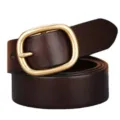 Women's genuine leather belt in dark brown featuring a polished gold oval buckle - 105cm / Dark Coffee Brown