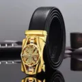 Men's black leather belt with golden rotating sports car buckle detail - Gold Lucky Sports Car Wheel