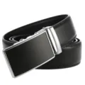 Premium Herren Business-Gürtel aus schwarzem Echtleder mit automatischer Silberschnalle - 110cm / Silber und Schwarz minimalistische automatische Schnalle