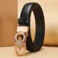 Elegant black leather belt for women featuring a decorative rose gold hollow buckle - Geometric Rhinestone Buckle (Style 1) / Black / 95cm