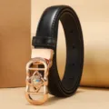 Elegant women's black leather belt with a decorative rose gold eye-pattern buckle - Eye-Shaped Rhinestone Buckle (Style 2) / Black / 95cm
