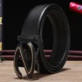 Men's black genuine leather belt with stylish automatic Z-buckle design - Letter Z Style / 120cm / Gold
