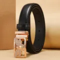 Elegant minimalist black leather belt featuring a crystal-encrusted rose gold bee buckle decoration. - Bee Rhinestone Buckle (Style 3) / Black / 95cm