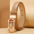 Elegant slim genuine leather belt for women with ornate gold rhinestone buckle detail - Geometric Rhinestone Buckle (Style 4) / Khaki / 95cm