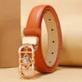 Stylish orange thin leather belt featuring a rose gold decorative rhinestone buckle - Geometric Rhinestone Buckle (Style 7)