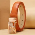 Premium women's orange leather waist belt featuring a gold crystal-encrusted bee buckle - Bee Rhinestone Buckle (Style 9)