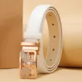 Elegant white leather belt for women featuring a stylish golden bee buckle detail - Bee Rhinestone Buckle (Style 12)