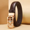 Elegant dark brown leather belt for women featuring a decorative gold sunburst buckle - Geometric Rhinestone Buckle (Style 13)