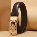 Elegant women's thin dark brown leather belt featuring a rhinestone-studded gold buckle - Rhombus Rhinestone Buckle (Style 14)