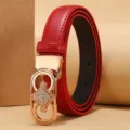 Elegant red genuine leather skinny belt for women featuring a decorative gold rhinestone buckle - Geometric Rhinestone Buckle (Style 16)