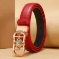 Fashionable slim red leather belt for women with golden buckle - Eye-Shaped Rhinestone Buckle (Style 17)