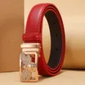 Elegant red leather women's belt with a golden rhinestone bee buckle for fashion jeans - Bee Rhinestone Buckle (Style 18)