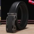 Premium men's black lychee grain leather belt featuring a sleek automatic buckle - 120cm / Hollow Gunmetal