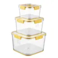 Set of 3 clear plastic food storage containers with yellow lids and drain plates - Square Timing Storage Box 3-in-1 Set Yellow