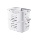 Minimalist white plastic laundry basket set with handles for bathroom organization - Three-Piece Set / Set of 3 / White+Grey