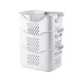 Set of 3 stackable white plastic laundry baskets with handles for bathroom organization - Four-Piece Set / Set of 4 / White+Grey
