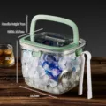 Portable clear plastic ice bucket with green handle, lid, white tong, and dimensions - Portable Sealed Ice Bucket / Green
