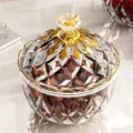 Large transparent PET candy storage jar with luxury diamond cut texture and golden lid - L / Clear