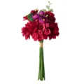 Detailopname van een elegant kunstmatig dahlia-bruidsboeket met rode en paarse levendige bloemen - 35cm / Donkerrood