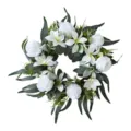 Full detailed view of an artificial white rose and lily floral wreath for home decoration - White Roselle Rose Lily Wreath (HHLSMG60) / White