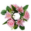 Ghirlanda di fiori artificiali con rose e gigli rosa per portacandele - Ghirlanda Piccola Rosa 22cm
