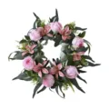 Elegant pink rose and lily artificial flower wreath for home door and wall decoration - Deep Pink Roselle Rose Lily Wreath (HHLSMG60) / Deep Pink