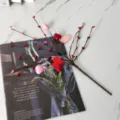 Detalle de una rama decorativa con capullos de corazón rojos y rosas sobre mármol. - Rama de Corazón